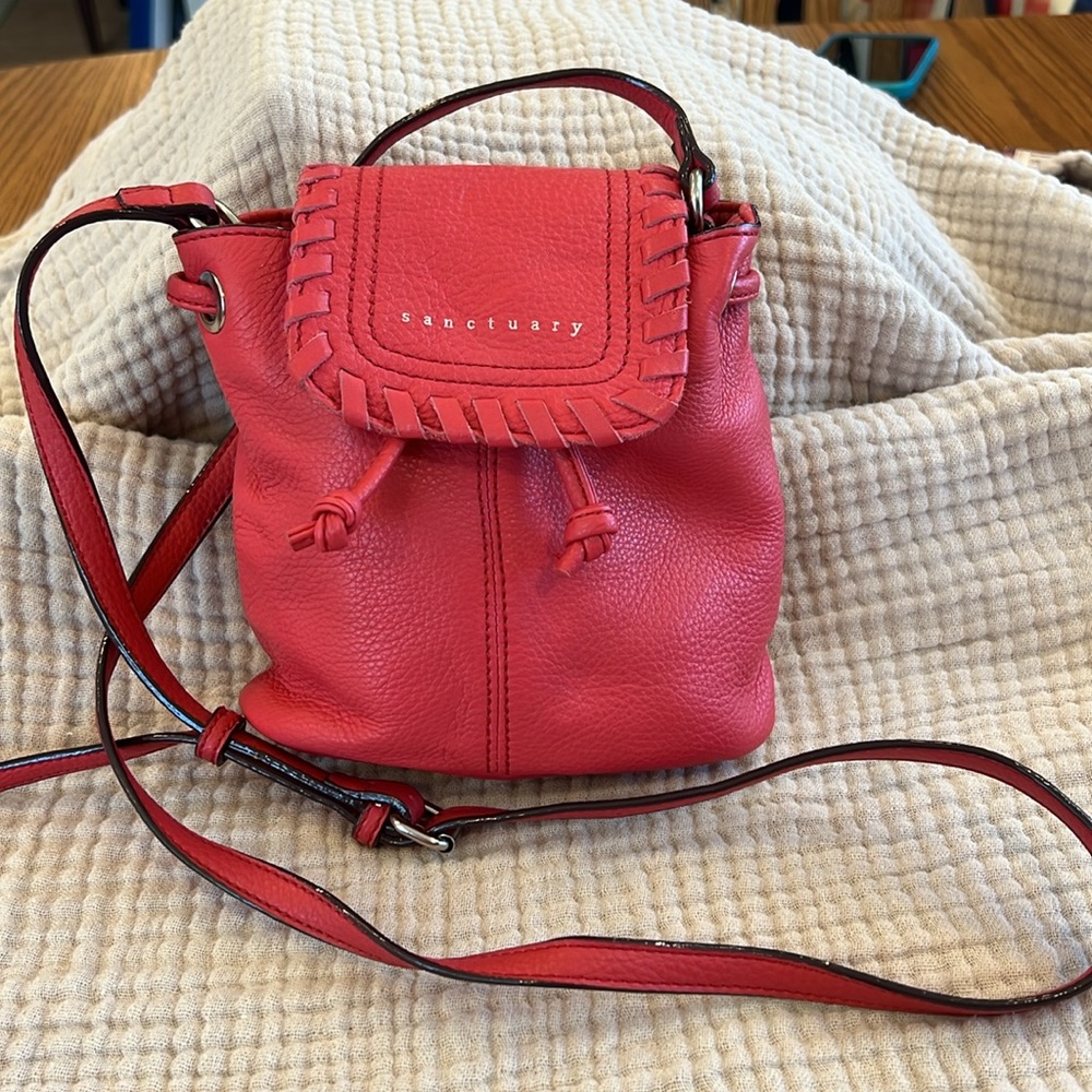 SANCTUARY Purse/Crossbody-Red Leather-Drawstring closure inside flap snap cover